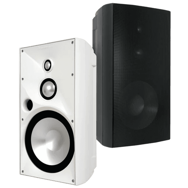 Two speakers, one white and one black, side by side.
