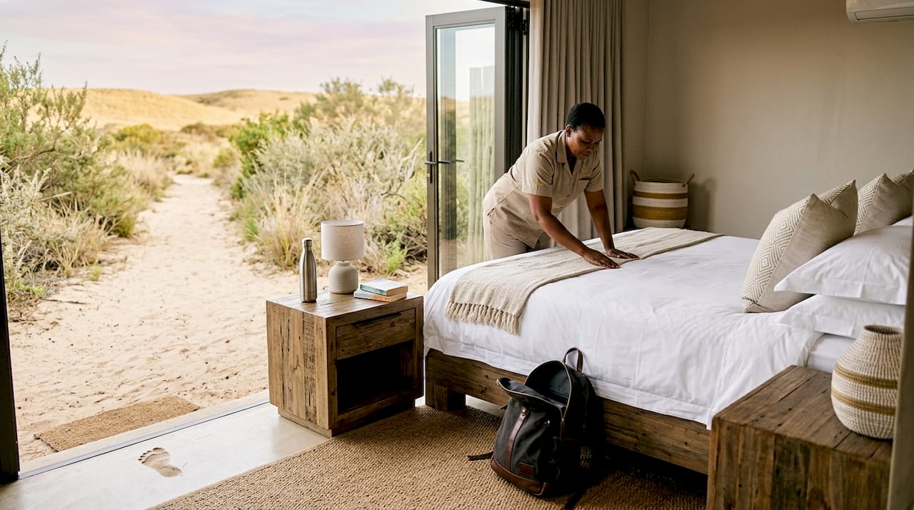 Eco-friendly safari lodge interior with staff