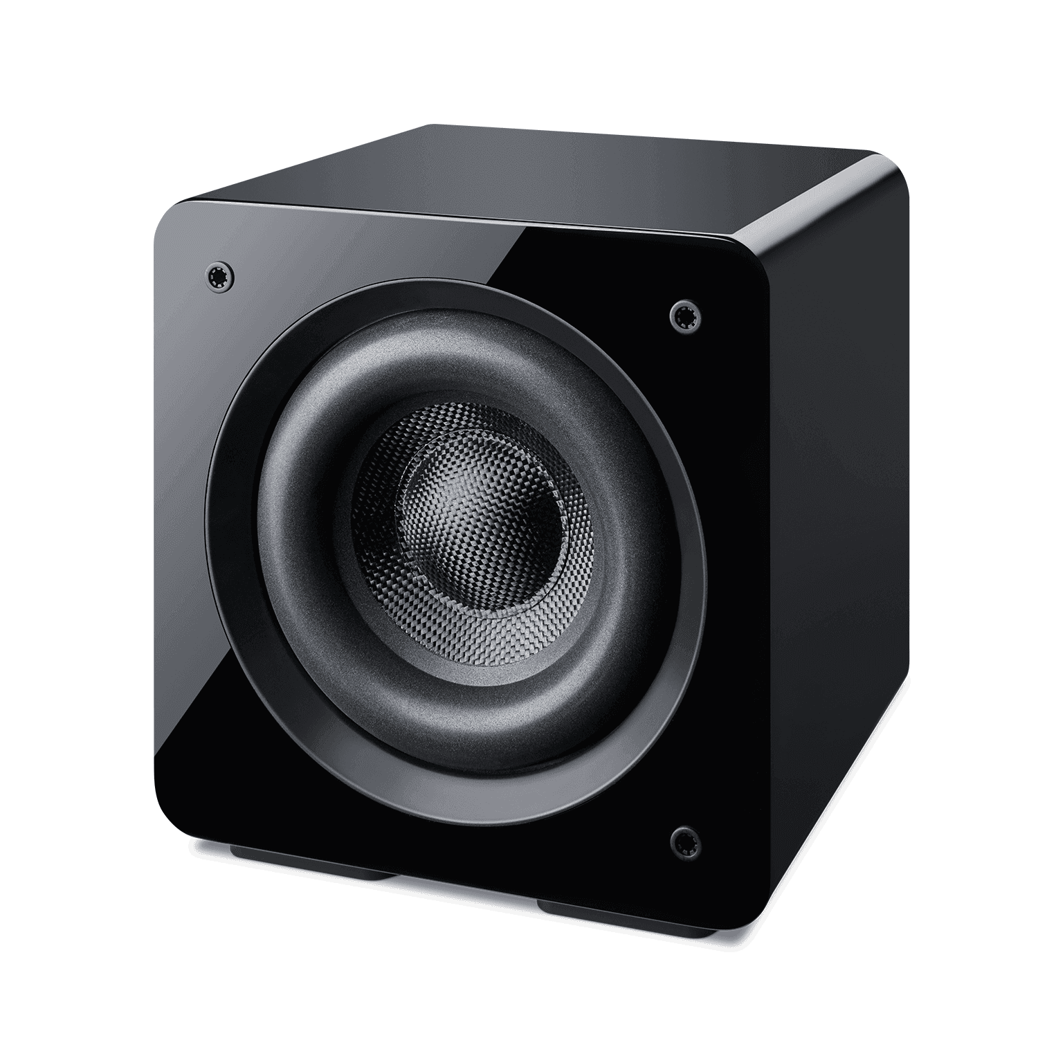 Black cubic subwoofer with silver trim