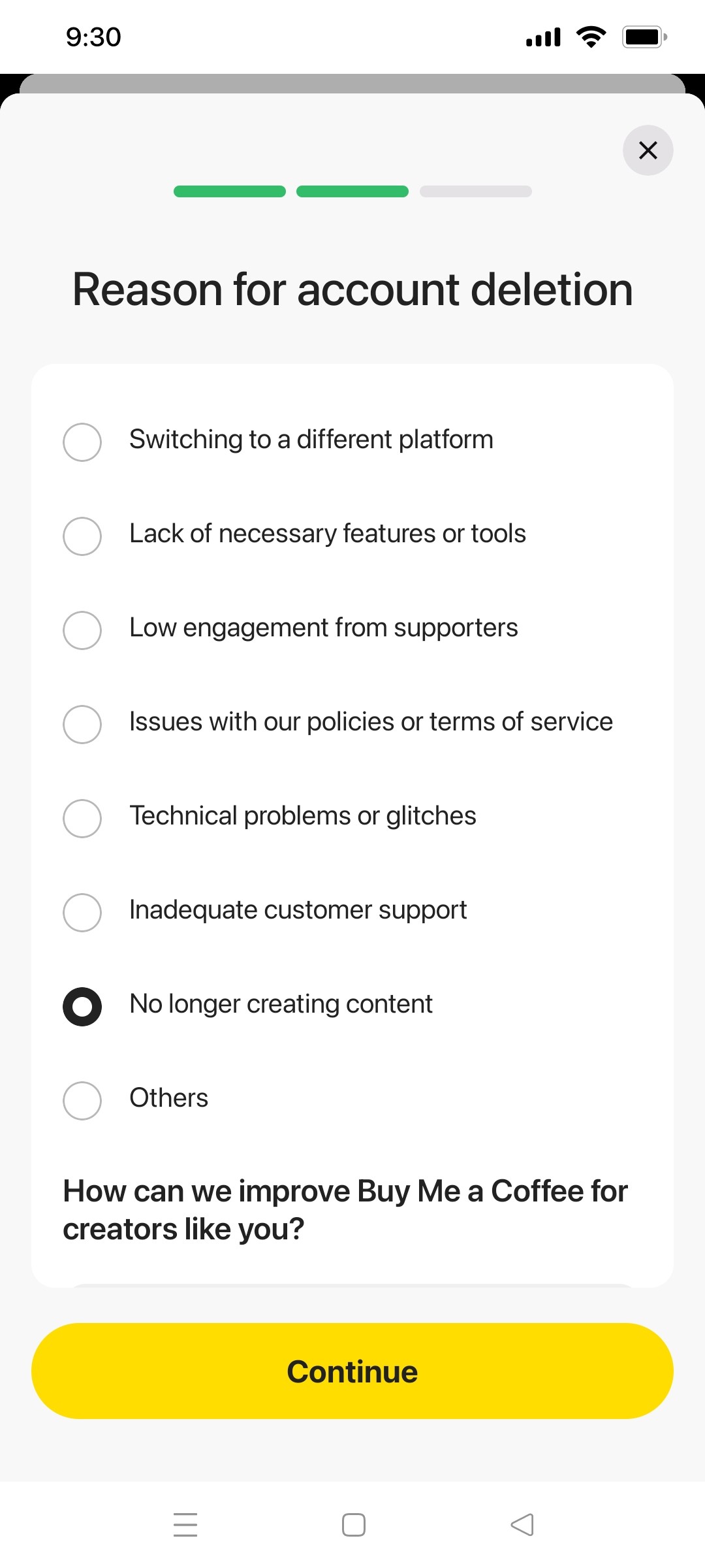 buy me a coffee Delete account 2 screen