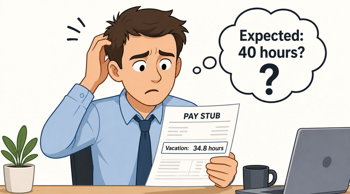 A confused employee looking at a pay stub showing 34.8 vacation hours instead of the expected 40.