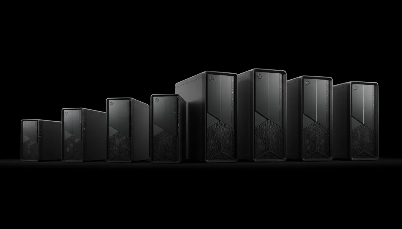 DSLR product photography of a sleek lineup of seven high-performance HP Z-series CAD workstation PC towers, arranged side-by-side in a row against a solid black studio background. The towers, varying in size from mini-towers to full-sized towers, are made of matte black and charcoal metal with perforated front grilles. Soft studio lighting creates subtle, elegant highlights on the edges and surfaces, defining their industrial design and texture. The entire product line is in crisp, sharp focus, creating a professional and high-tech commercial look.