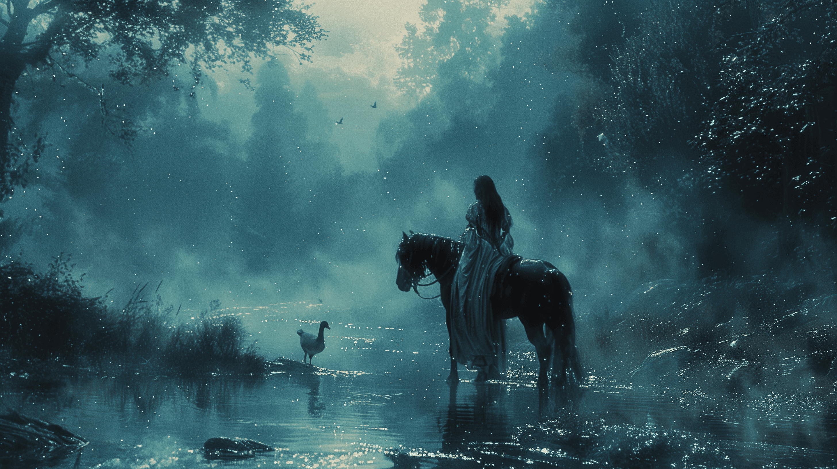Ani on horseback beside a goose in a moonlit, misty forest.