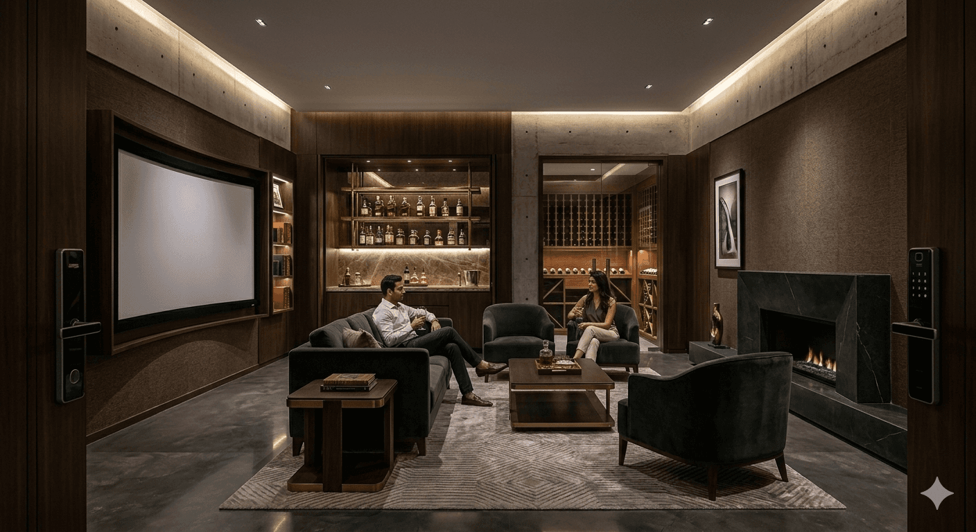 Modern basement home office and lounge design in Sector 79 residential floors.