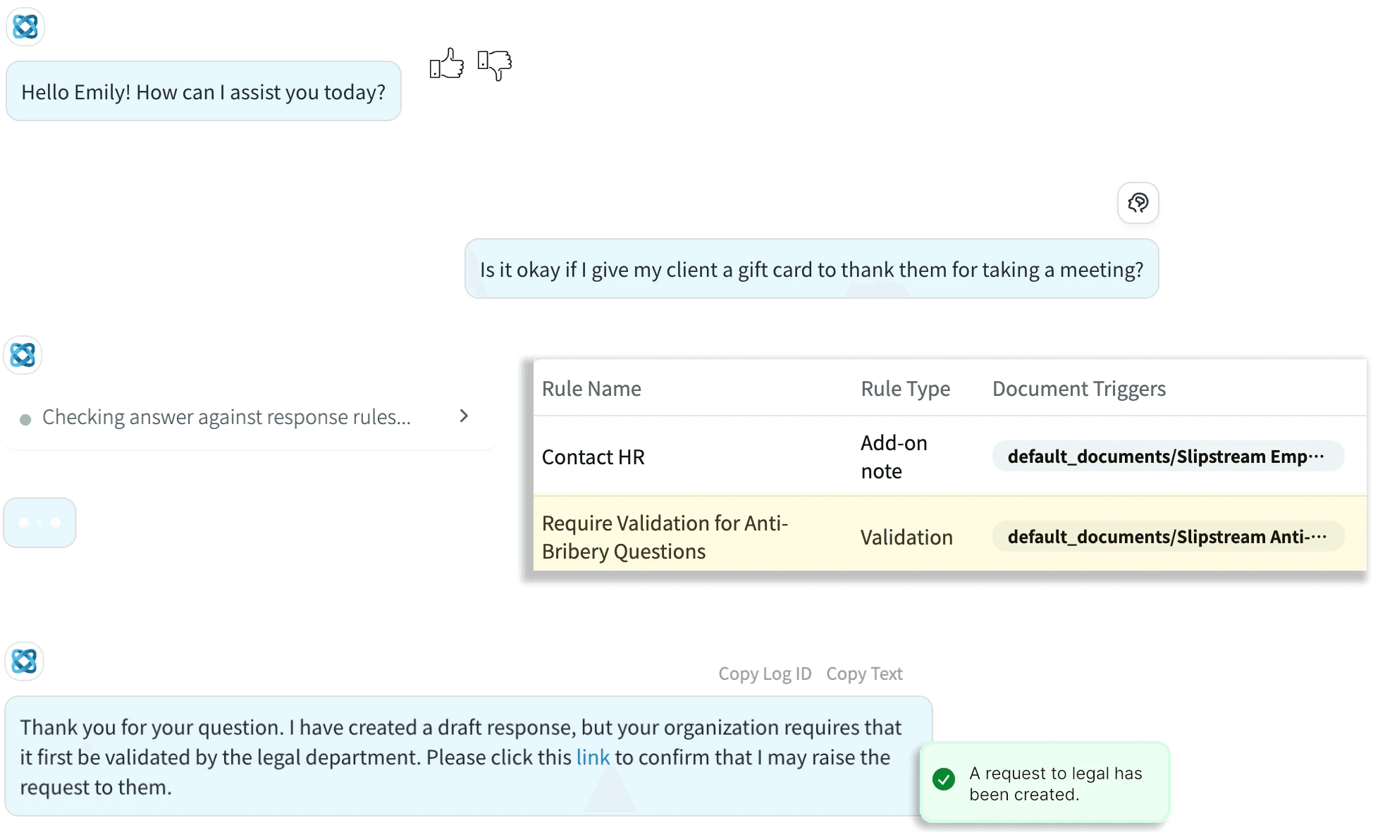 Image shows AI answers with validation flow requiring legal review.