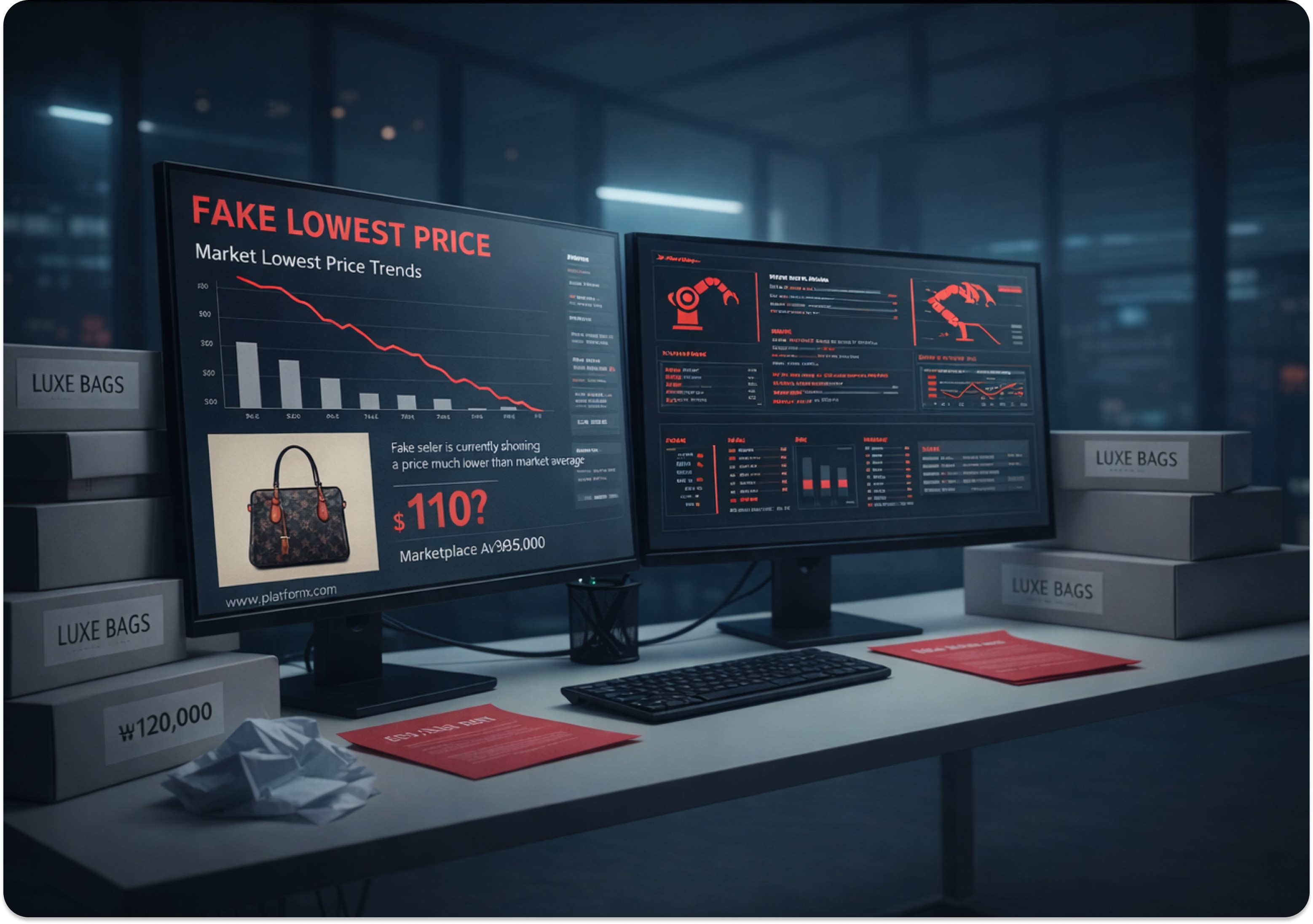 Two monitors show a dashboard warning about fake lowest prices, broken price data, and automated market monitoring in a dark office setting