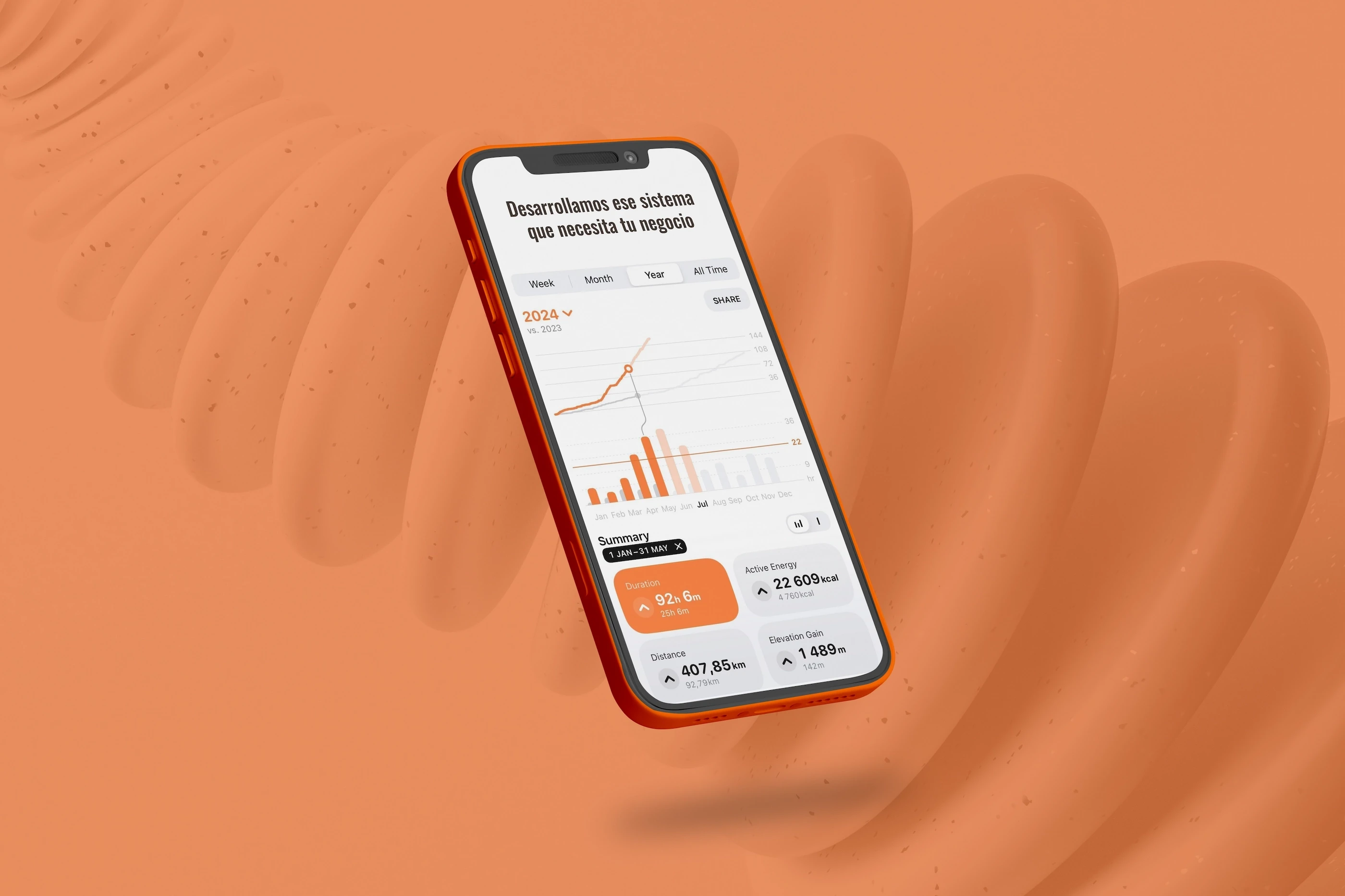 Mockup de smartphone mostrando una aplicación móvil con analíticas y métricas para desarrollo de software y aplicaciones web a medida.