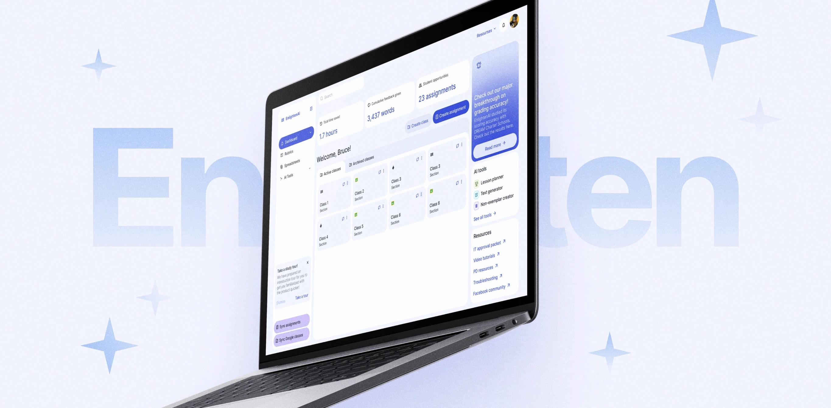 A laptop displaying the EnlightenAI dashboard interface, set against a light background with subtle star icons and a faint text 'Enlighten' in the backdrop.