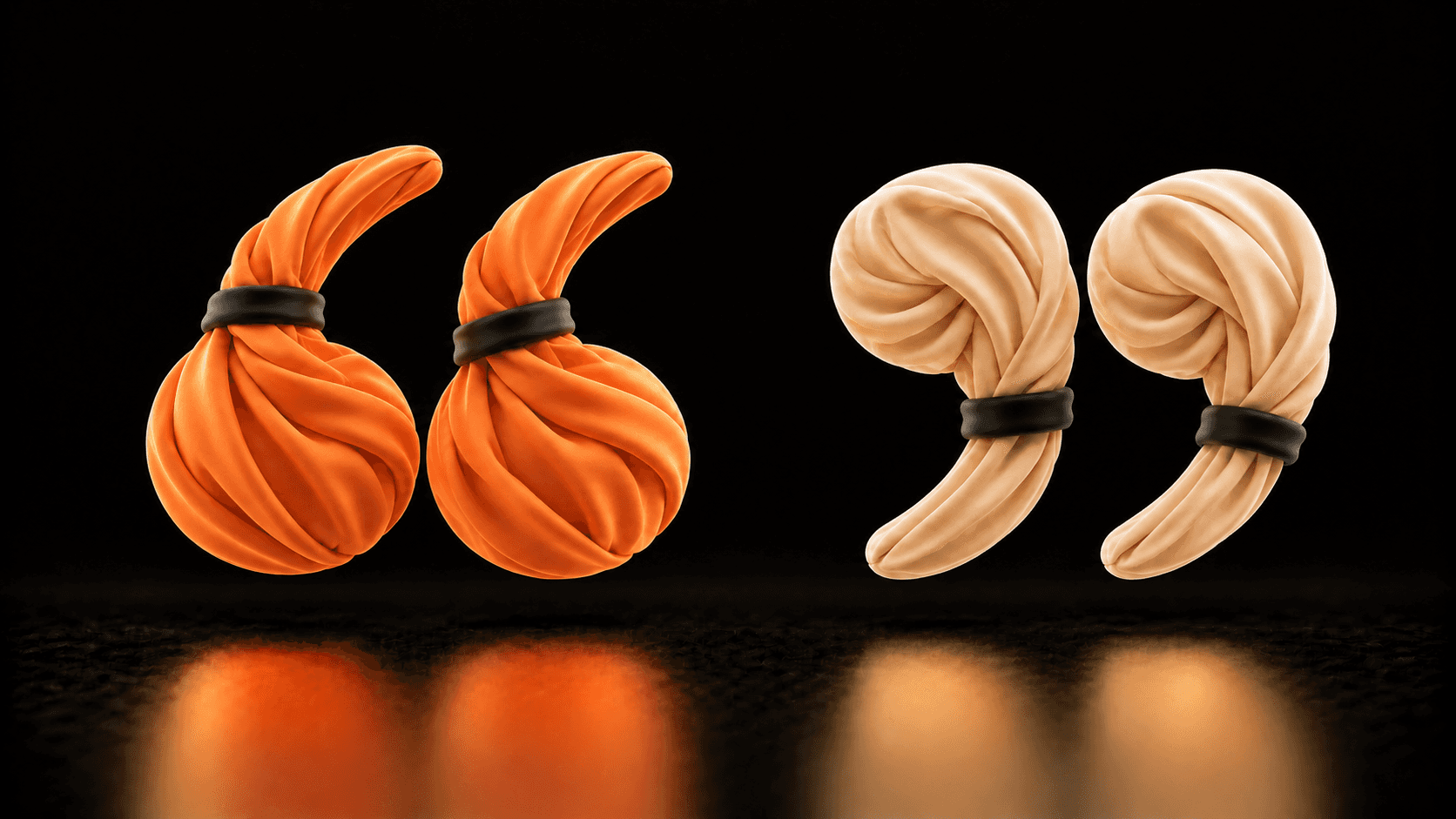 Separate apricot opening quotation marks and cream closing quotation marks formed from plain cloth.