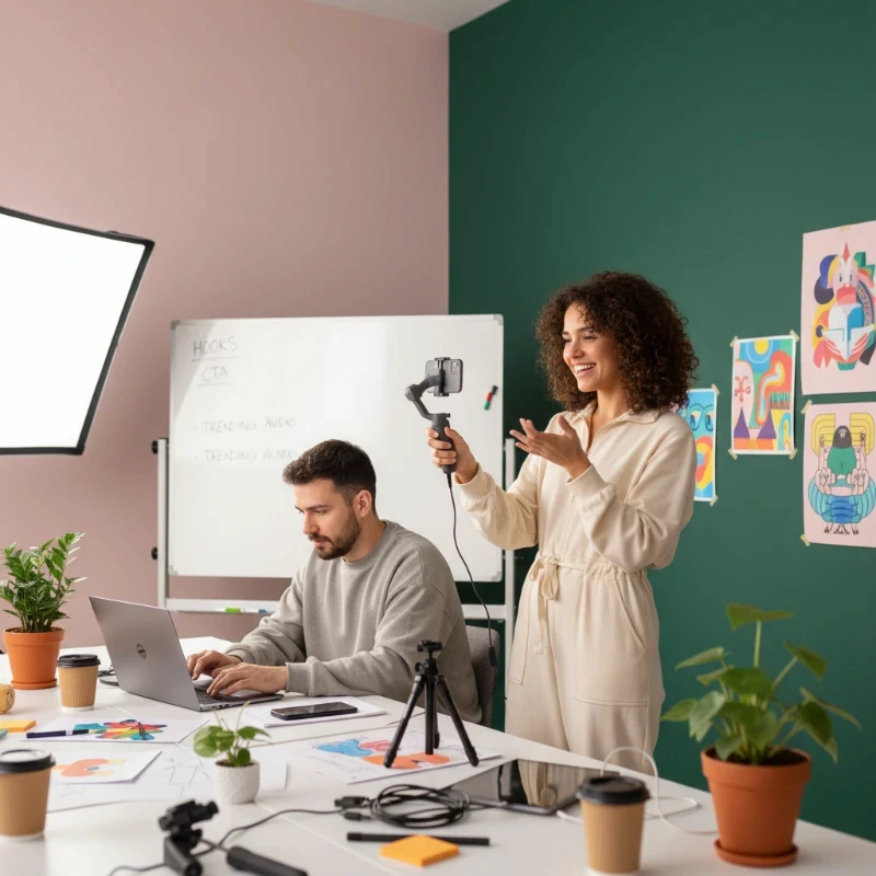 Équipe de créatifs en agence à Paris, collaborant autour d'un poste de travail pour concevoir et valider des contenus visuels dynamiques et des messages percutants sur plusieurs écrans haute résolution, illustrant notre expertise en Stratégie de contenus pour diffuser des messages courts qui vous ressemblent.