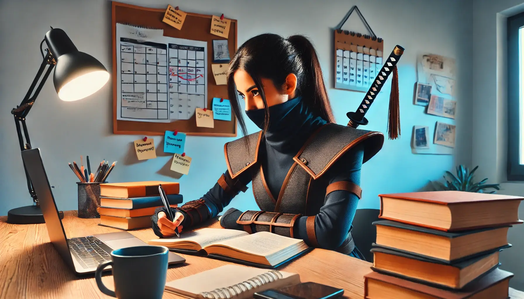 una mujer ninja estudiando una oposición