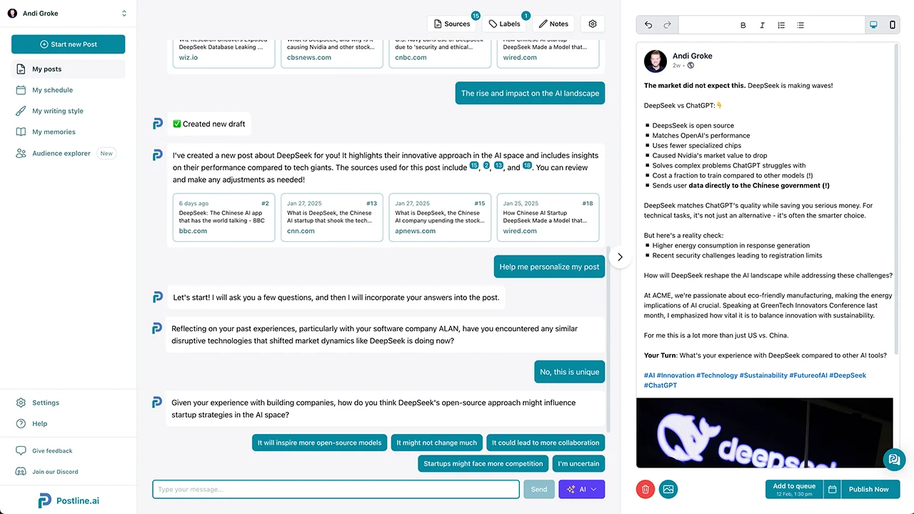 Screenshot of Postline AI chat interface to write LinkedIn posts