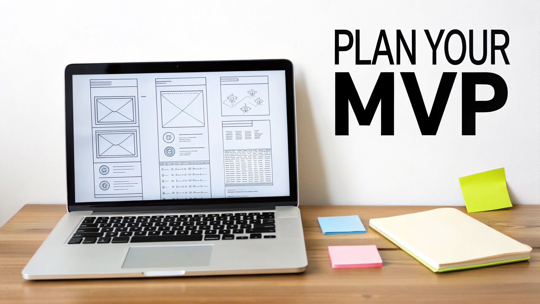 A laptop on a desk showing app wireframes, with