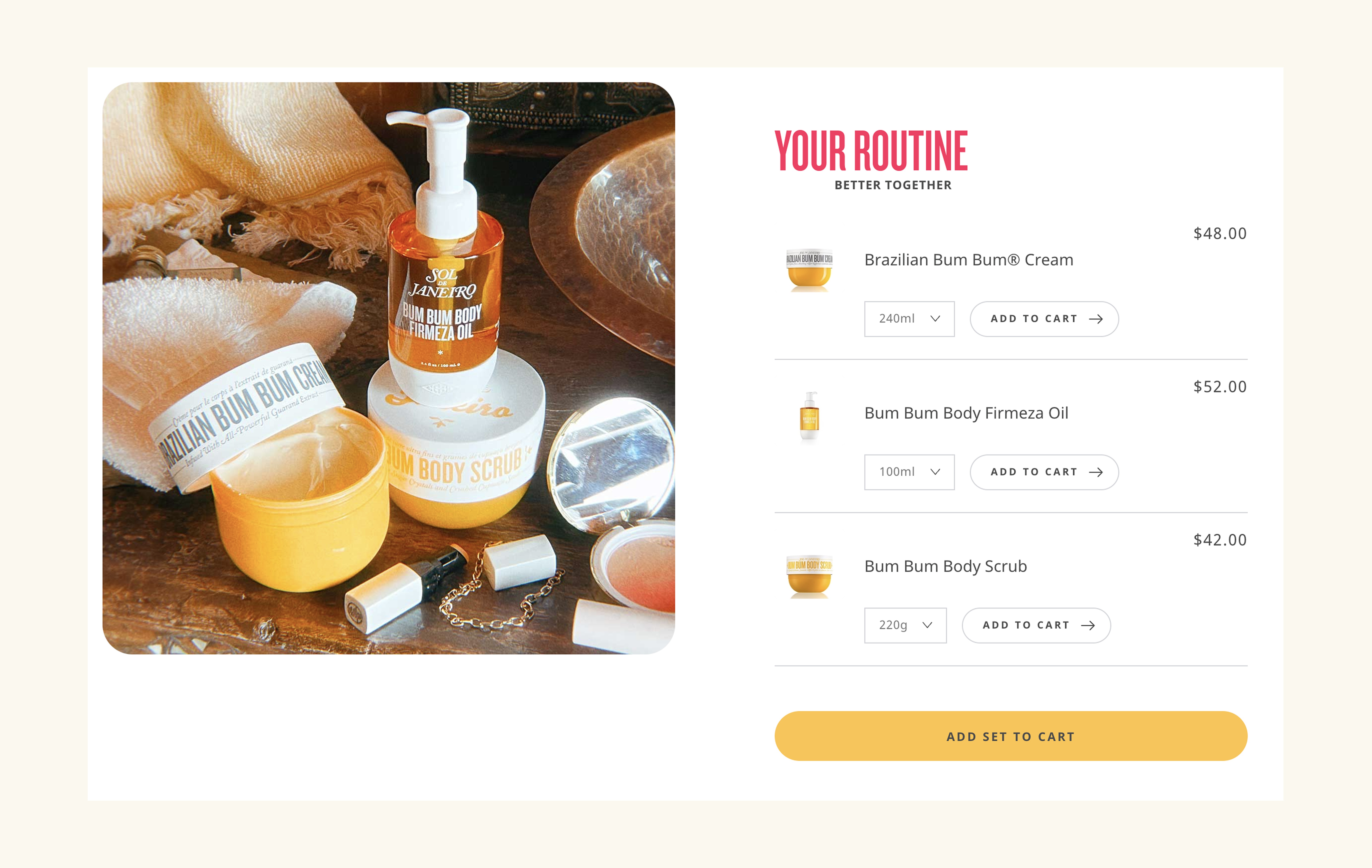 Sol de Janeiro bundle listing labeled with usage steps: exfoliate → moisturize → layer