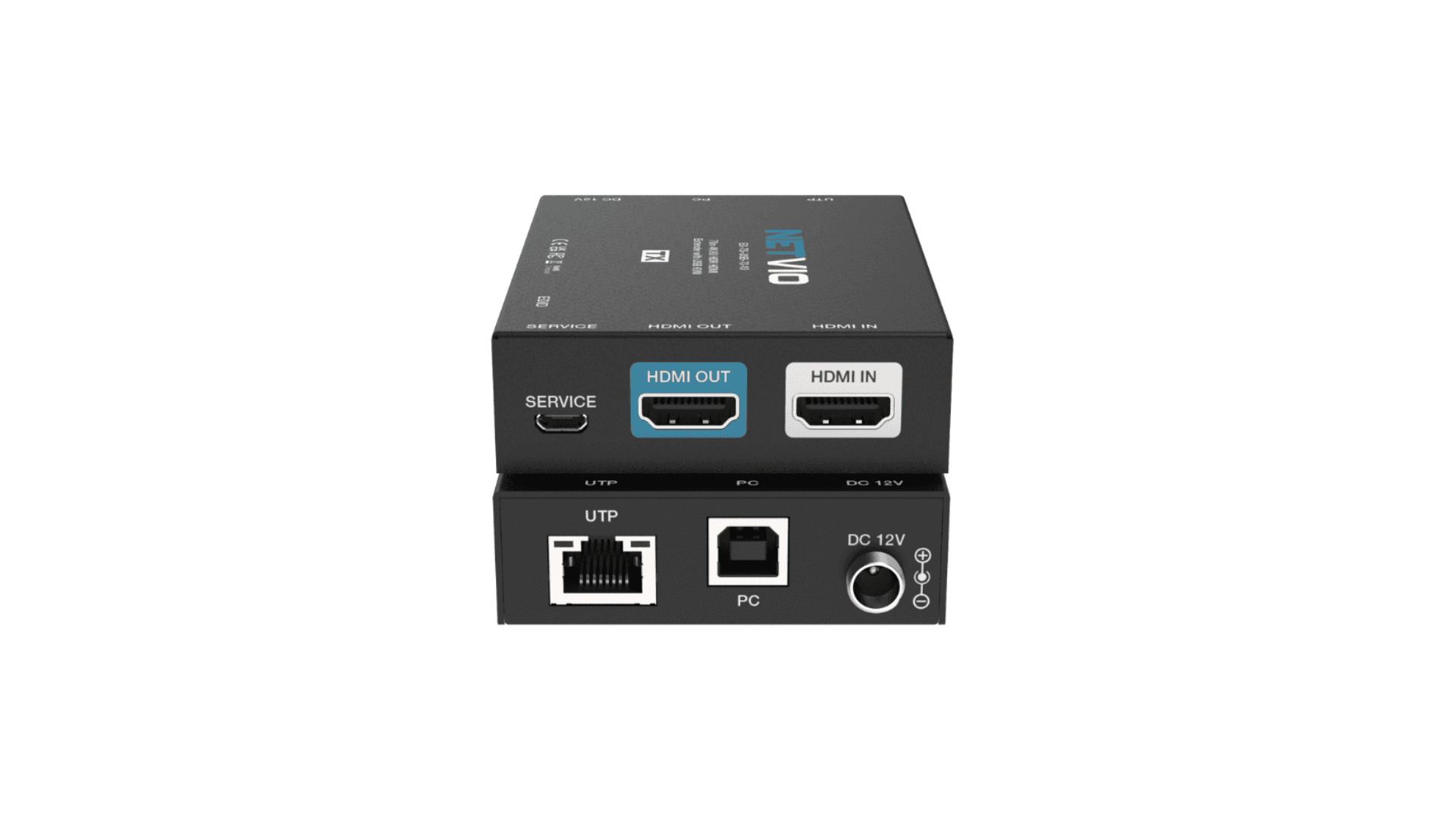 Two black AV signal converters with ports