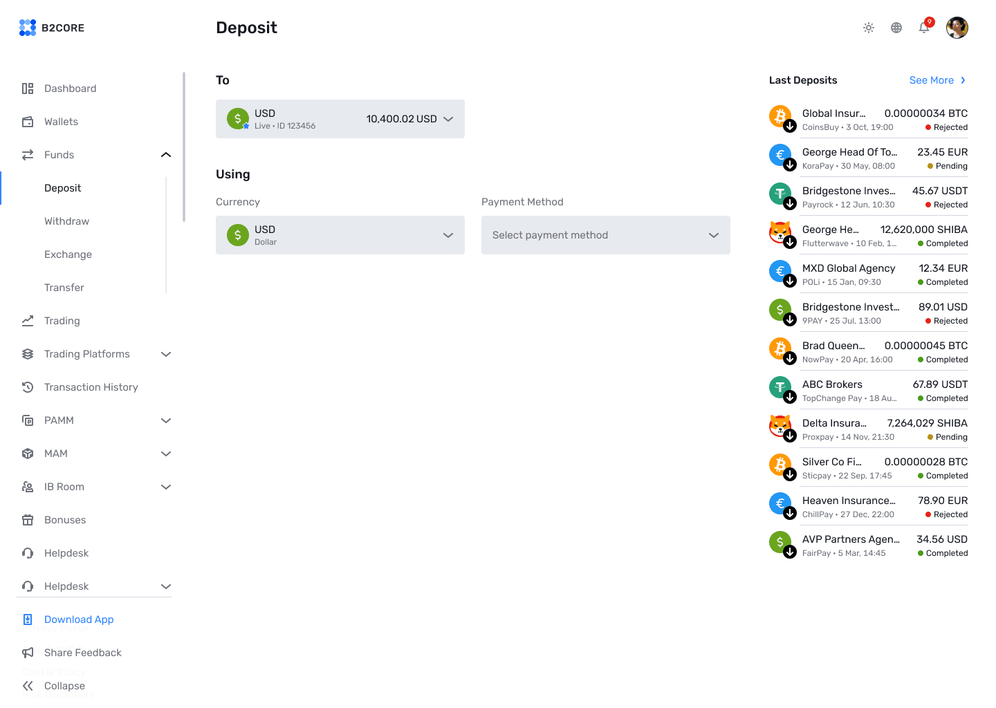 Customisable Deposit Options