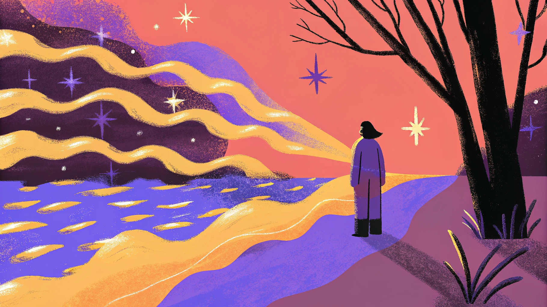 Illustrated figure dissolving into rippling waves of light, evoking the quantum wave-particle nature of energy – Movement Wisdom