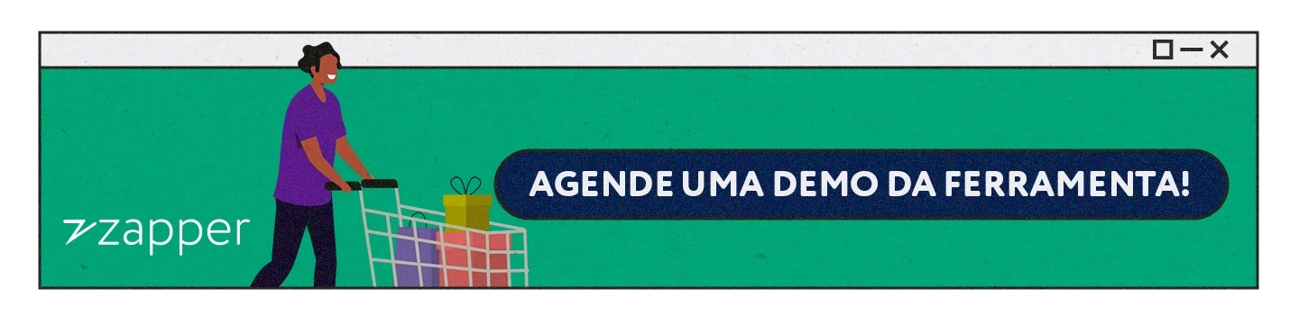 Banner com a ilustração de um cliente fazendo compras, ao lado, um CTA para agendar uma demonstração da ferramenta Zapper