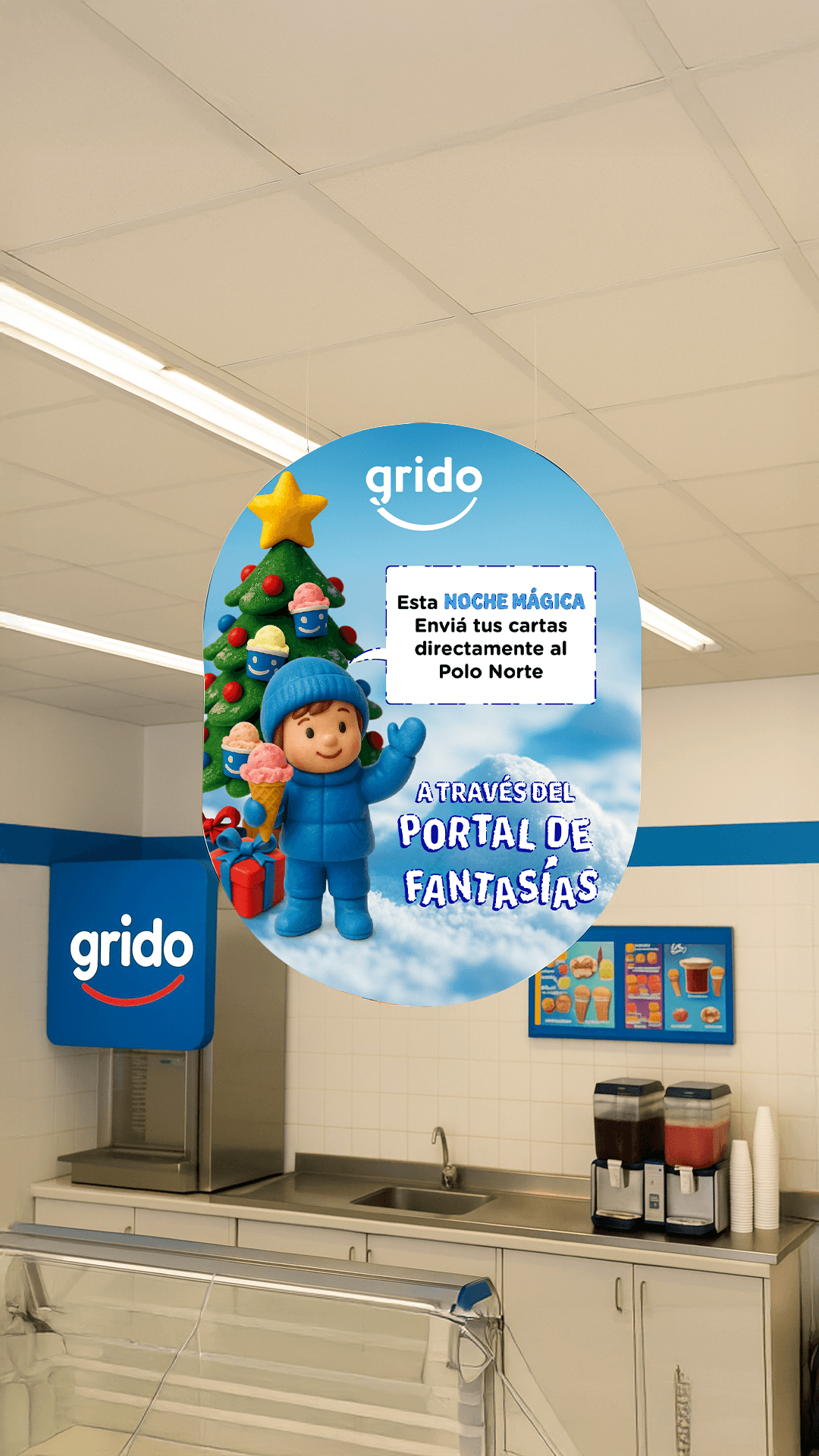 A large white counter featuring a sign with a whinsical snowy landscape wih a joyfull toy child a christmass tree and wrapped gifts, prominently displayed on the front.