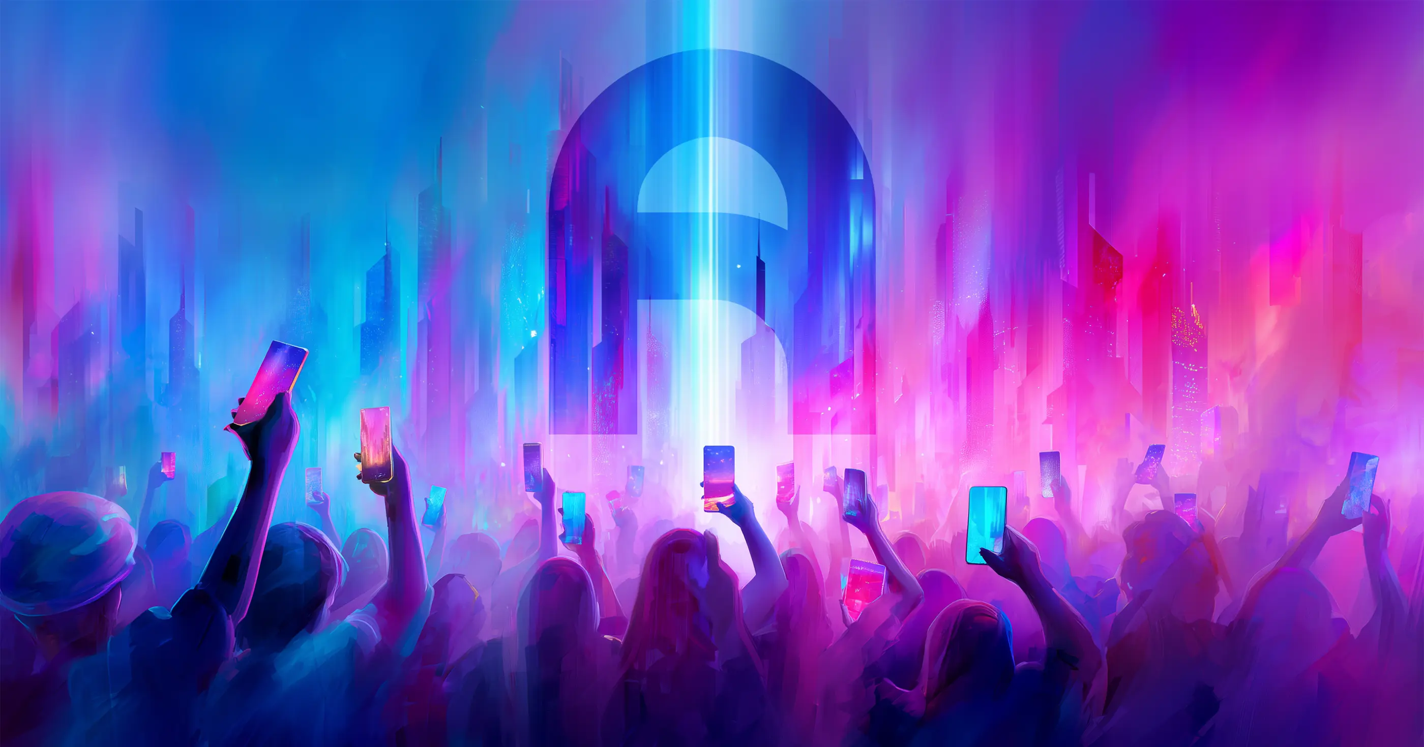 an illustration of a group of people with their phones held out to an audiopool logo