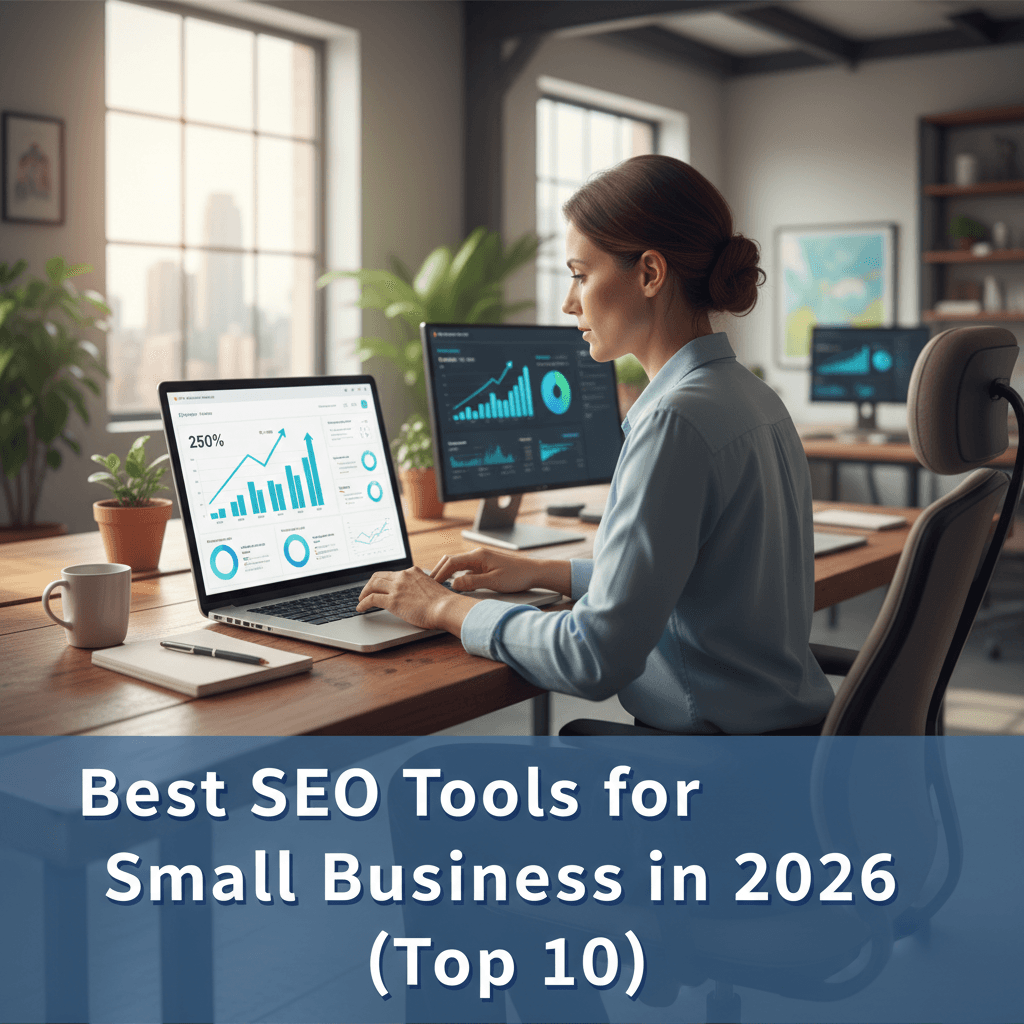 Small business owner analyzing best SEO tools for small business on laptop dashboard