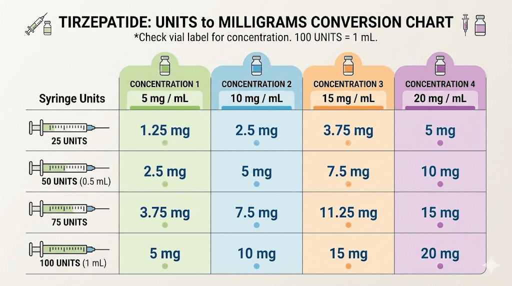 Tirzepatide units to milligrams conversion chart at various concentrations
