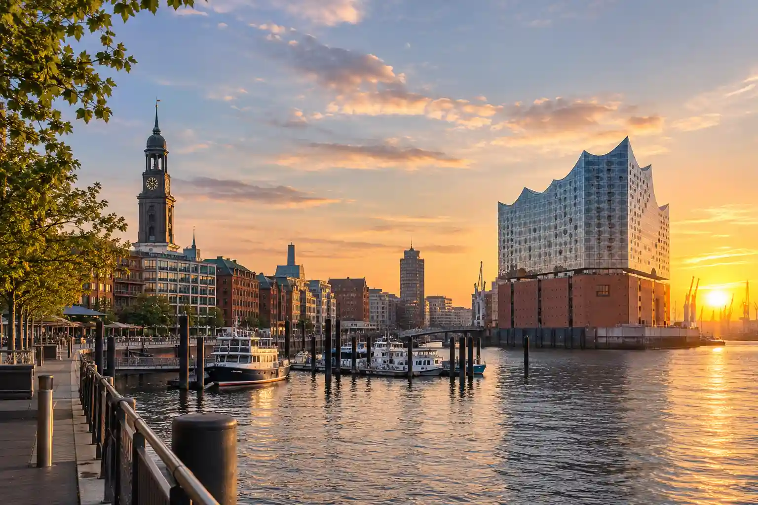 Hamburg waterfront and city skyline near student accommodation in Hamburg, Germany