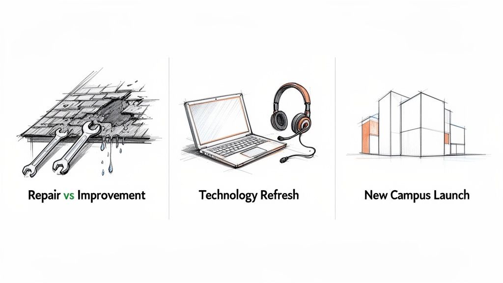 Illustrations of repair vs improvement, technology refresh, and new campus launch scenarios.