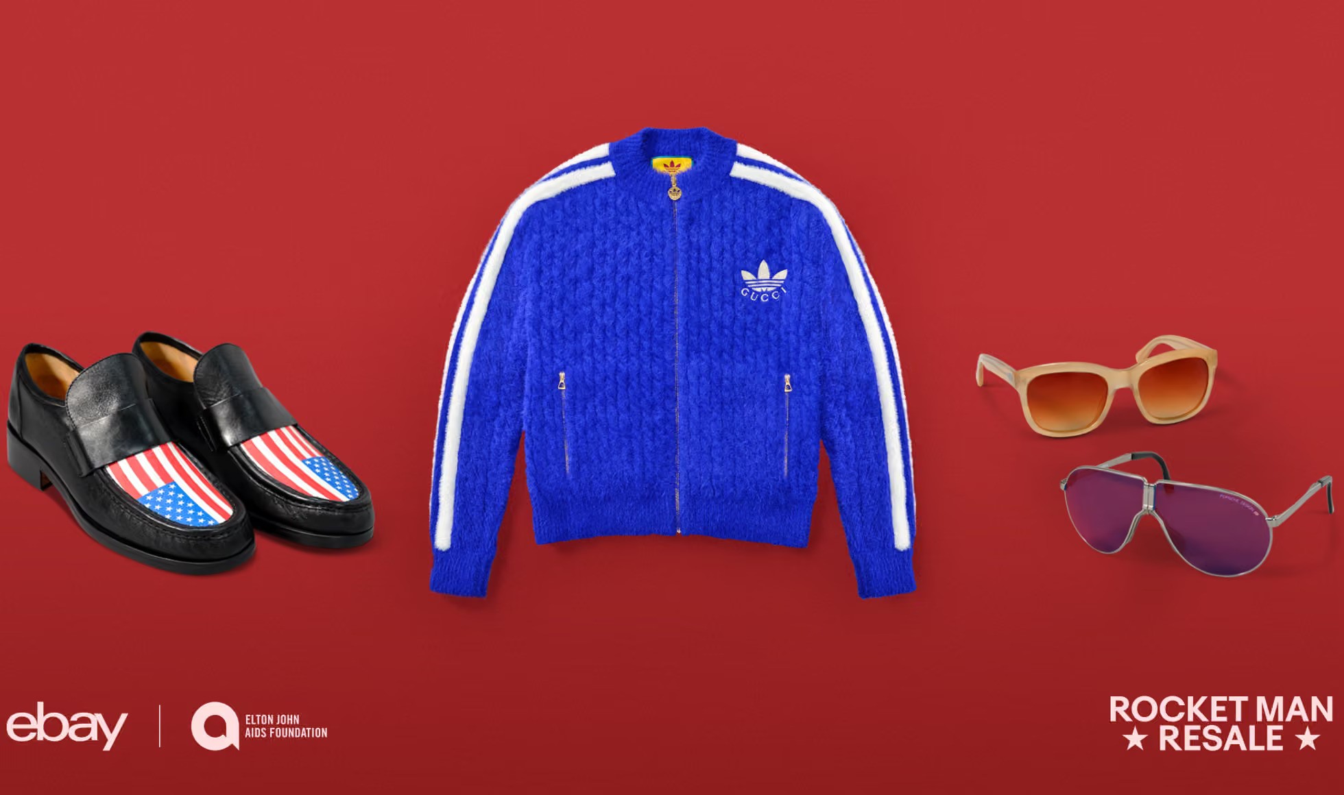 Clothing and accessories displayed on a red background for the eBay charity sale campaign