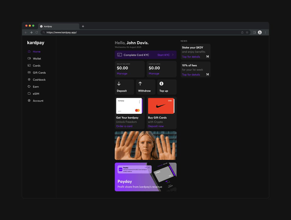 Comprehensive UI design for the Kardpay web dashboard featuring a "Complete Card KYC" prompt. The dark-mode interface displays wallet balances, quick actions for deposit and withdrawal, and promotional tiles for gift cards and cashback rewards.