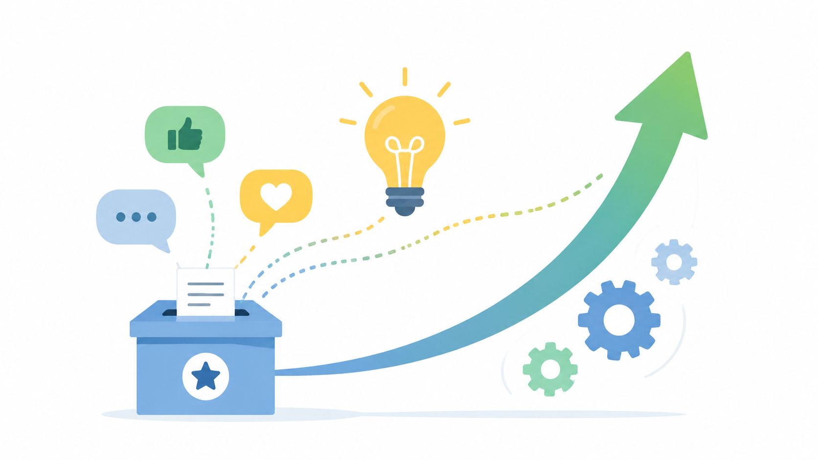 A digital illustration showing a suggestion box with social media icons and a lightbulb leading to growth.