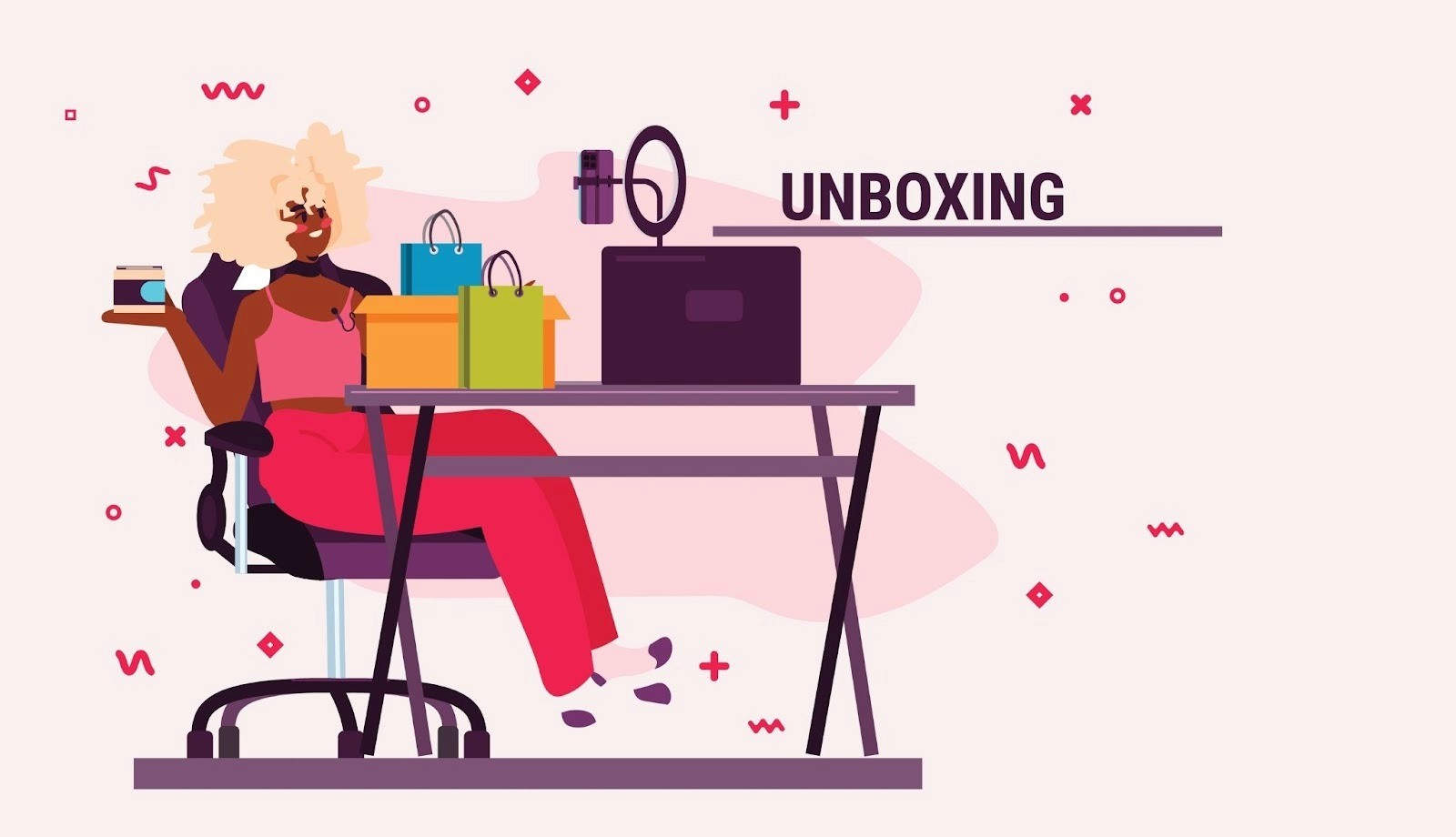 Illustration of a content creator at a desk with a ring light and shopping bags filming an unboxing video for an influencer marketing campaign