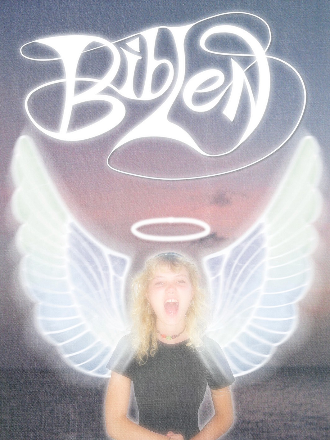 Biblen neon angel — photoshop collage of figure with glowing wings and halo, digital art