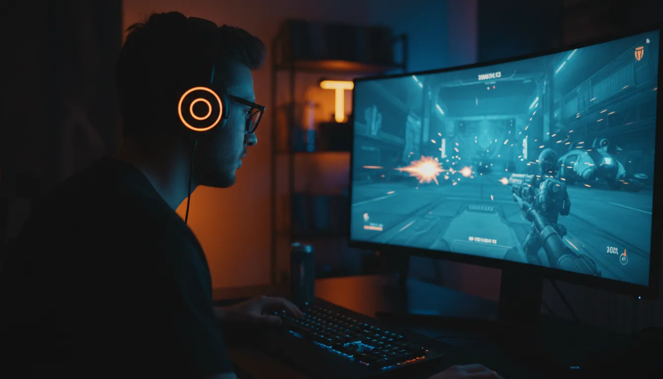 DSLR photograph, over-the-shoulder shot of a male gamer wearing glasses and a glowing headset with a circular orange light, intently focused on a computer screen in a dark room. Cinematic contrast lighting, with a vibrant blue glow from the monitor illuminating his face and a warm orange ambient light on the desk. The widescreen monitor displays an action-packed, futuristic first-person shooter game, possibly made with Unreal Engine. The composition has a shallow depth of field, with the gamer and headset in sharp focus, and a soft bokeh background.