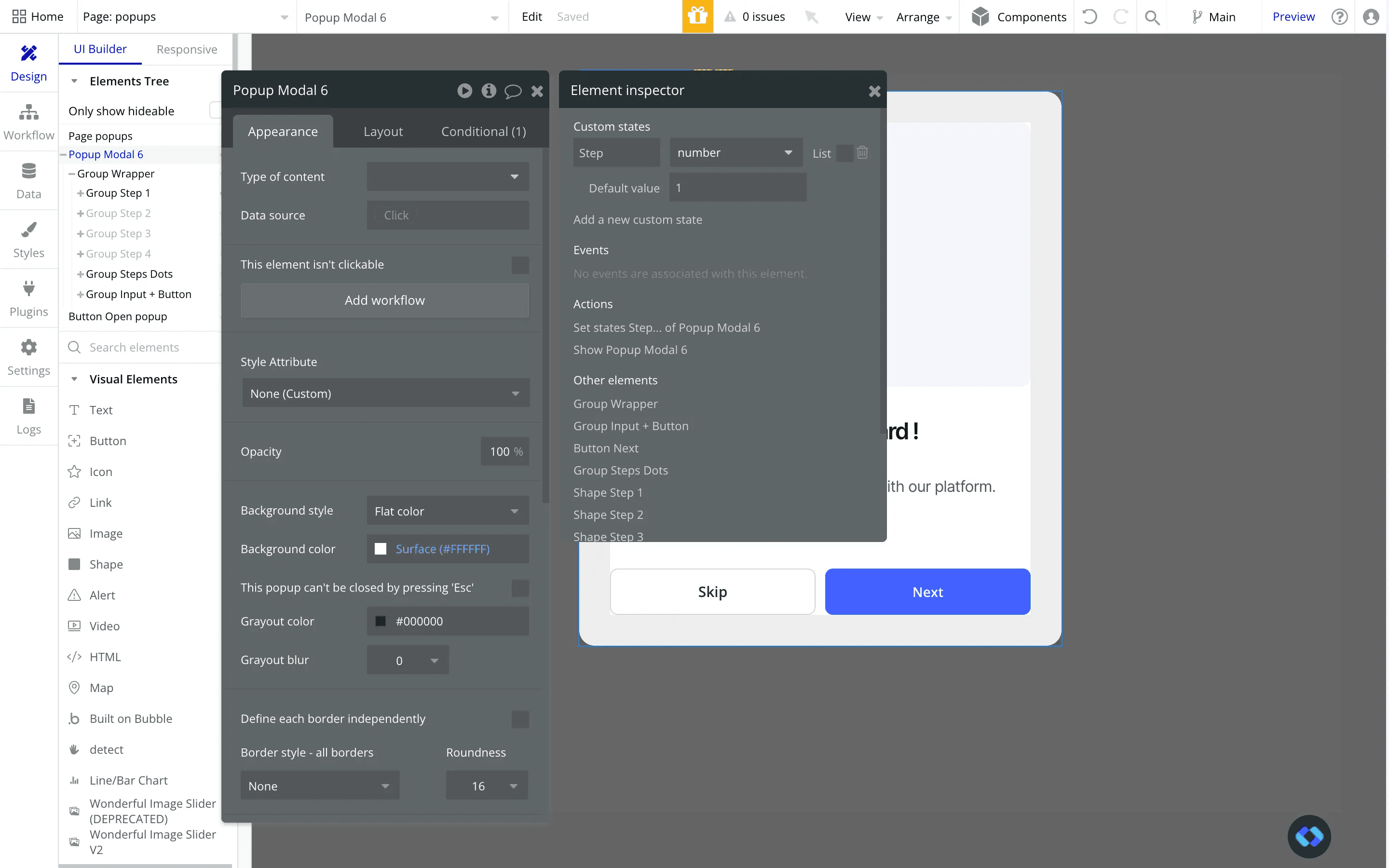 custom state for a popup in bubble