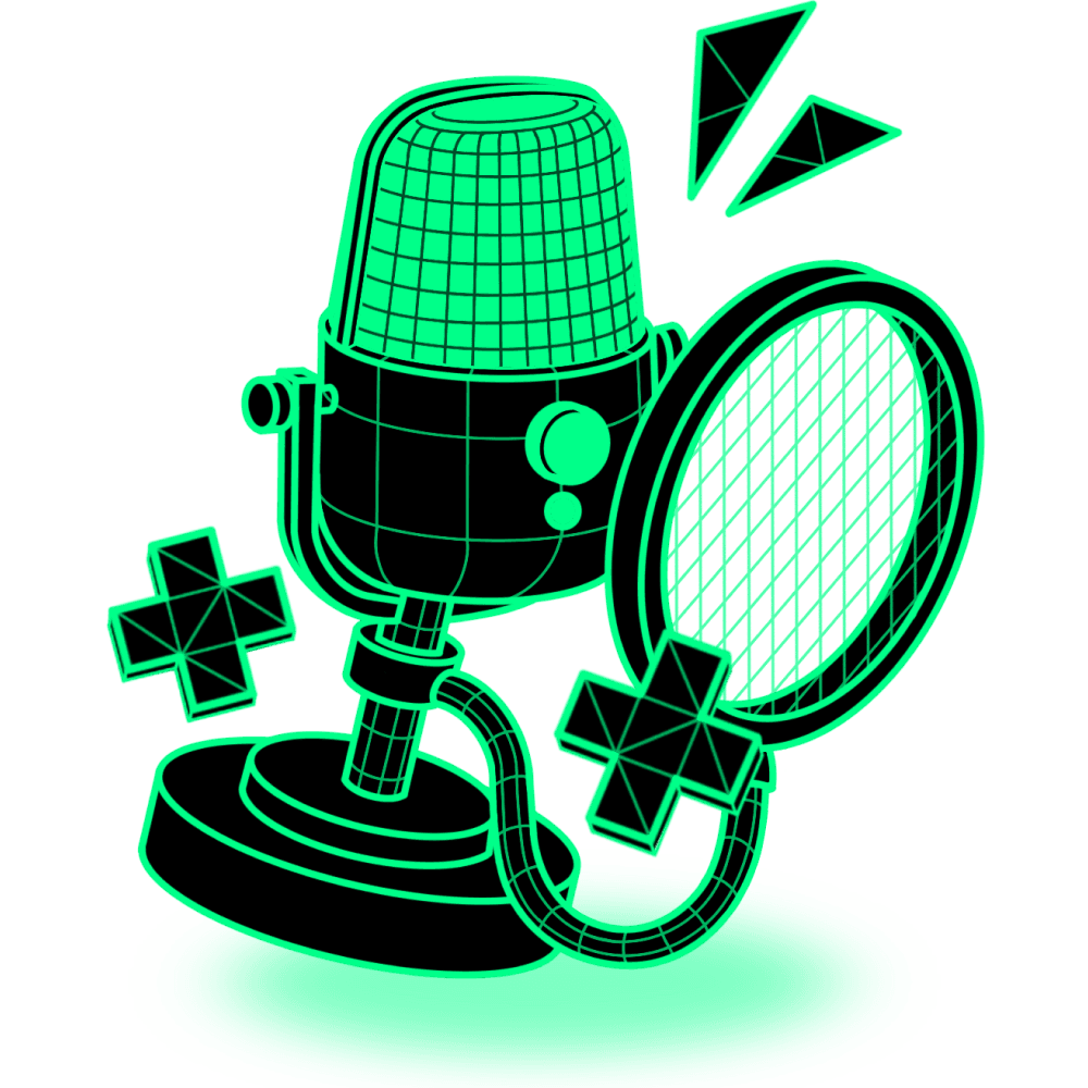 Futuristic neon green illustration of a microphone with a pop filter.