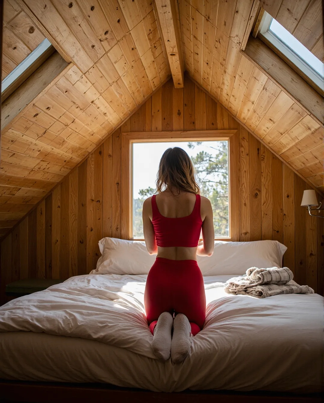 Person in red athleisure set kneeling on white bed in wooden cabin, facing window with natural light streaming in through skylights
