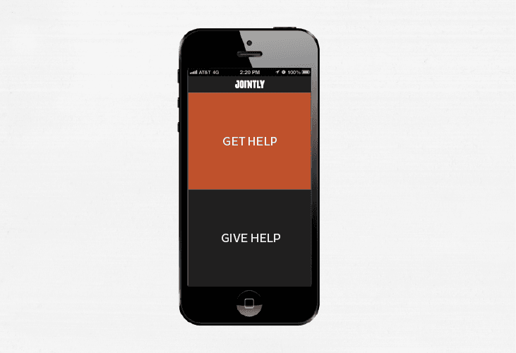 A black iPhone displays a screen with the words “JOINTLY” at the top and “GET HELP” and “GIVE HELP” below. The phone’s status bar shows AT&T 4G network connection at 2:20 PM and 100% battery. The background is plain white.