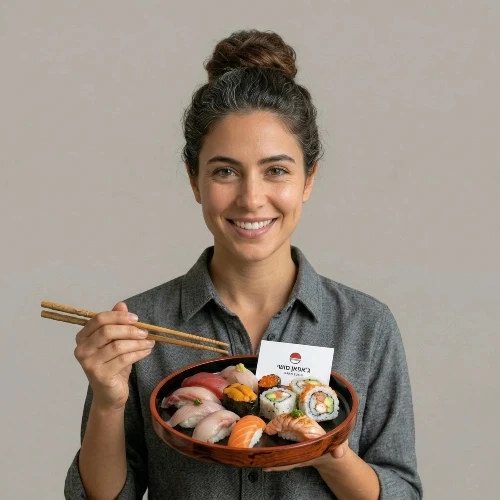 דיוקן של רונית אברהם, בעלת "ג'אפאן סושי", אישה ישראלית מחייכת עם שיער אסוף, אוחזת במגש סושי מעוצב ומקצועי עם כרטיס ביקור של העסק. תמונת לקוחה ממליצה לאתר עלונים.