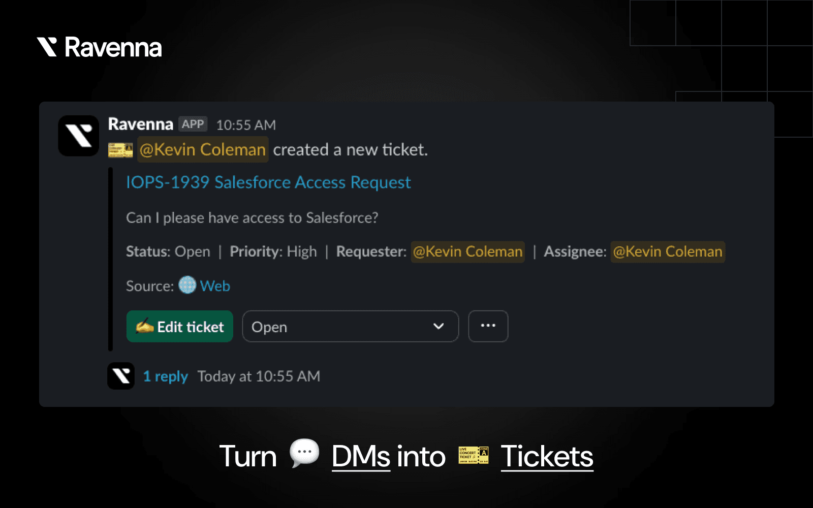 Explanatory screenshot of how a Slack helpdesk works and how to create a ticket on Slack.