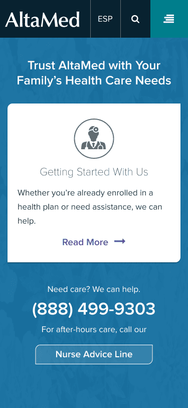 Altamed.org Mobile feature with info on getting started with Altamed and nurse advice line options