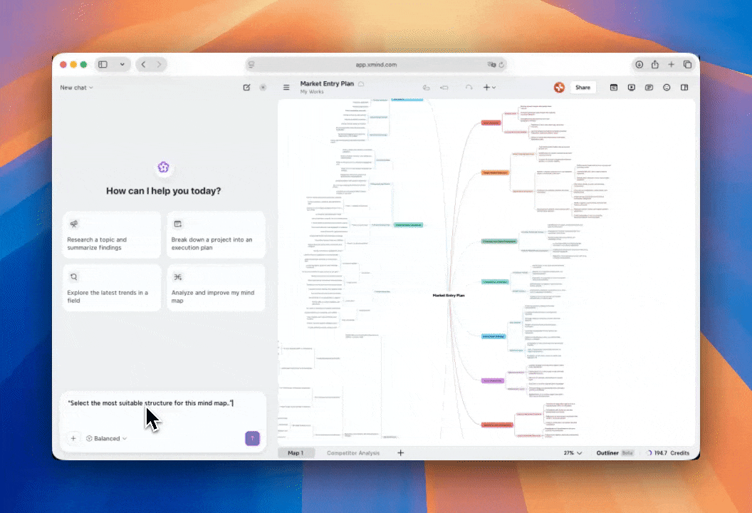 Xmind AI reorganizes a flat or messy mind map into a clearer hierarchy with grouped branches and subtopics.