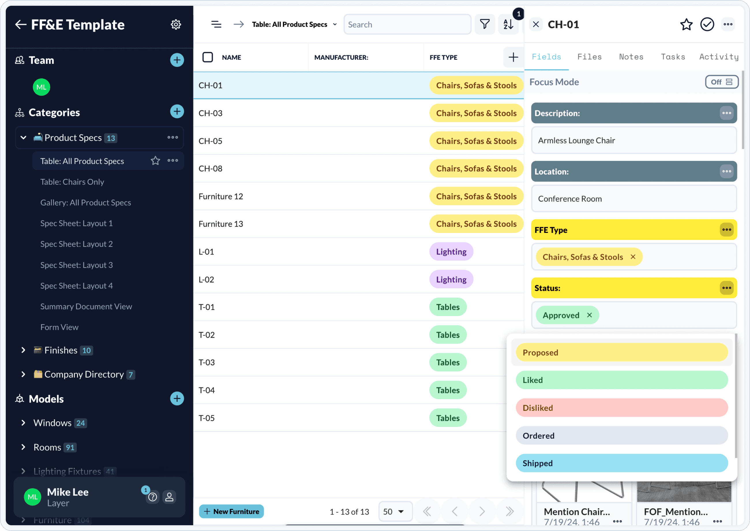 FF&E tabular management view