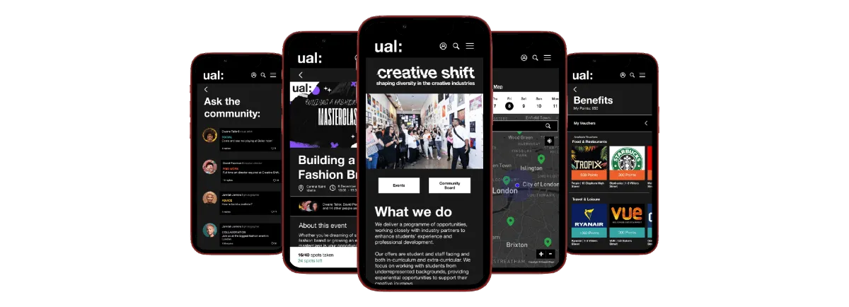 Final Creative Shift screens with icon navigation and map search