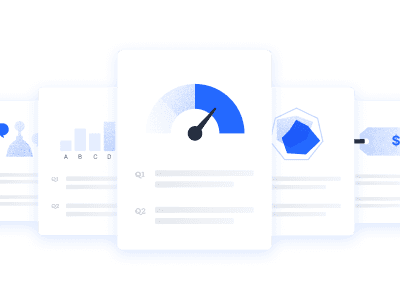 A series of digital cards displaying graphs and an analytics gauge in blue and white colors.