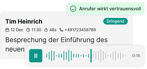 Safina AI Anrufzusammenfassung: Interface-Element mit Anruferdetails von Tim Heinrich, inklusiv Datum (12 Dec), Uhrzeit (11:30), Dauer (46s) und Telefonnummer. Enthält eine Audiowellenform-Visualisierung mit Pause-Button, Stimmungsindikator ('Anrufer wirkt vertrauensvoll') und Dringlichkeitskennzeichnung. Der Gesprächsbetreff 'Besprechung der Einführung des neuen' ist teilweise sichtbar.