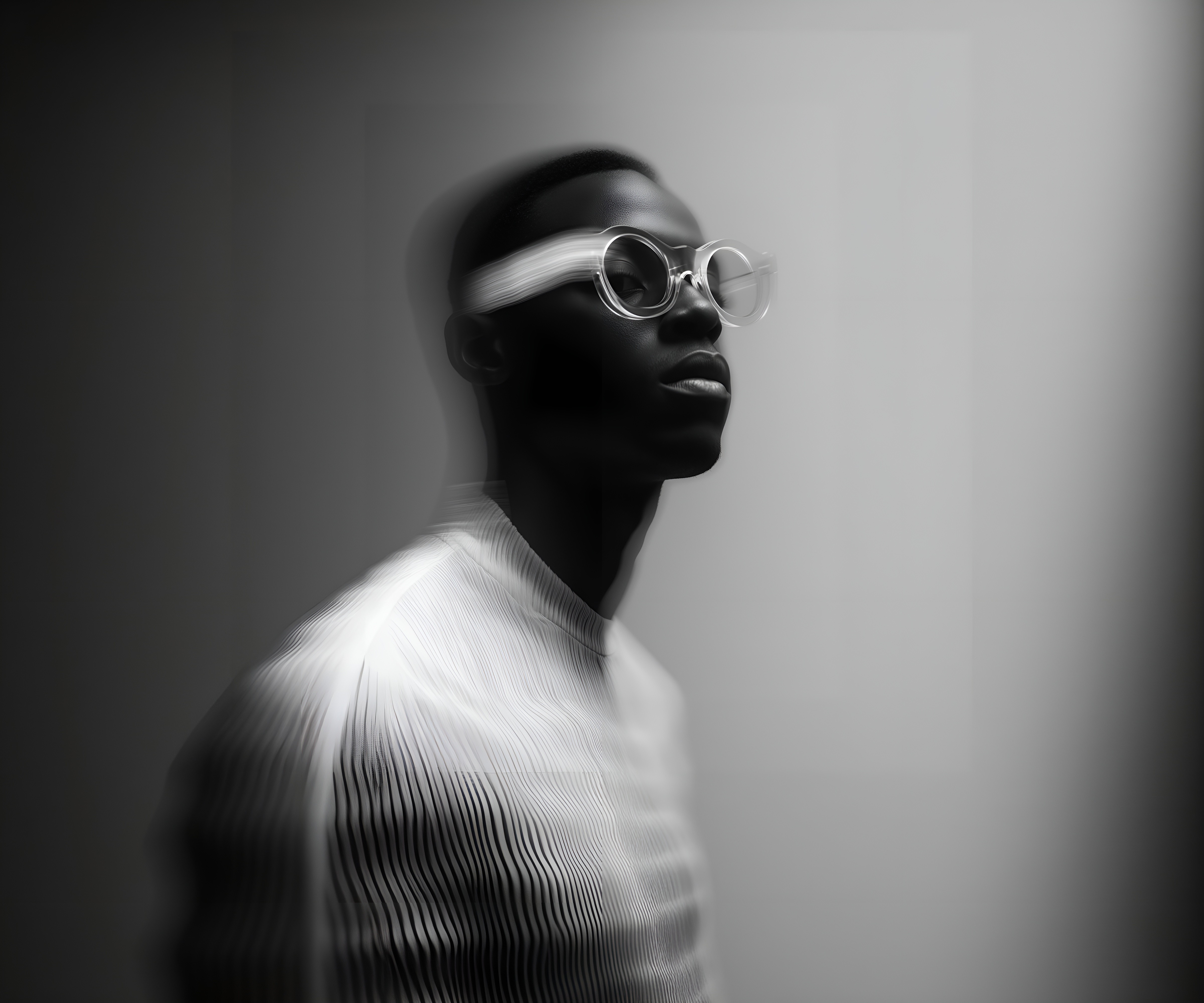 Artistic portrait of a person with translucent glasses and a white pleated top, featuring a blurred, motion-like effect for a surreal vibe.