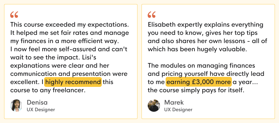 Two quotes of users who are happy about the 'How to manage your finances as a freelancer'-course