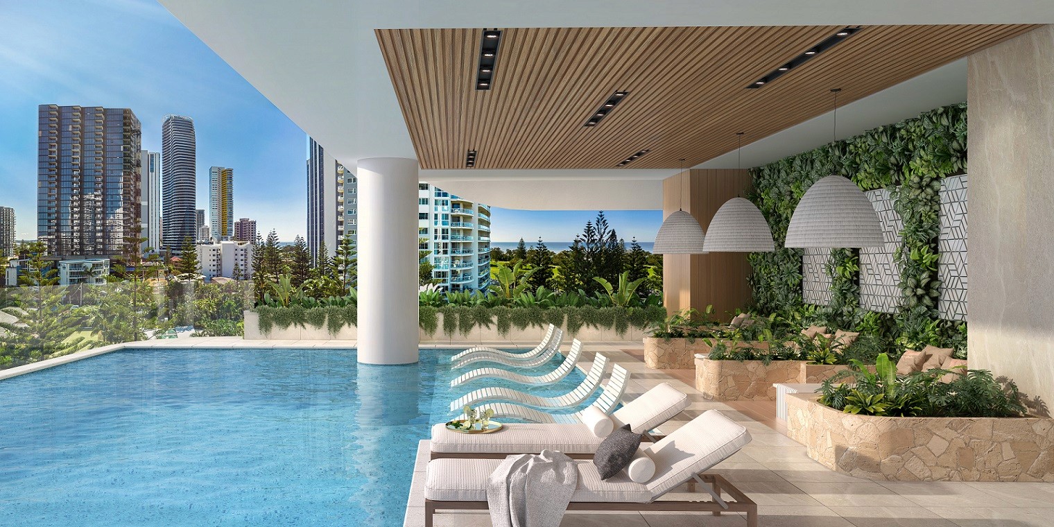 Club Sterling Residents Lounge: Spacious residents lounge at The Sterling Broadbeach featuring warm timber finishes, contemporary furniture and natural light with ocean glimpses through floor-to-ceiling glass.