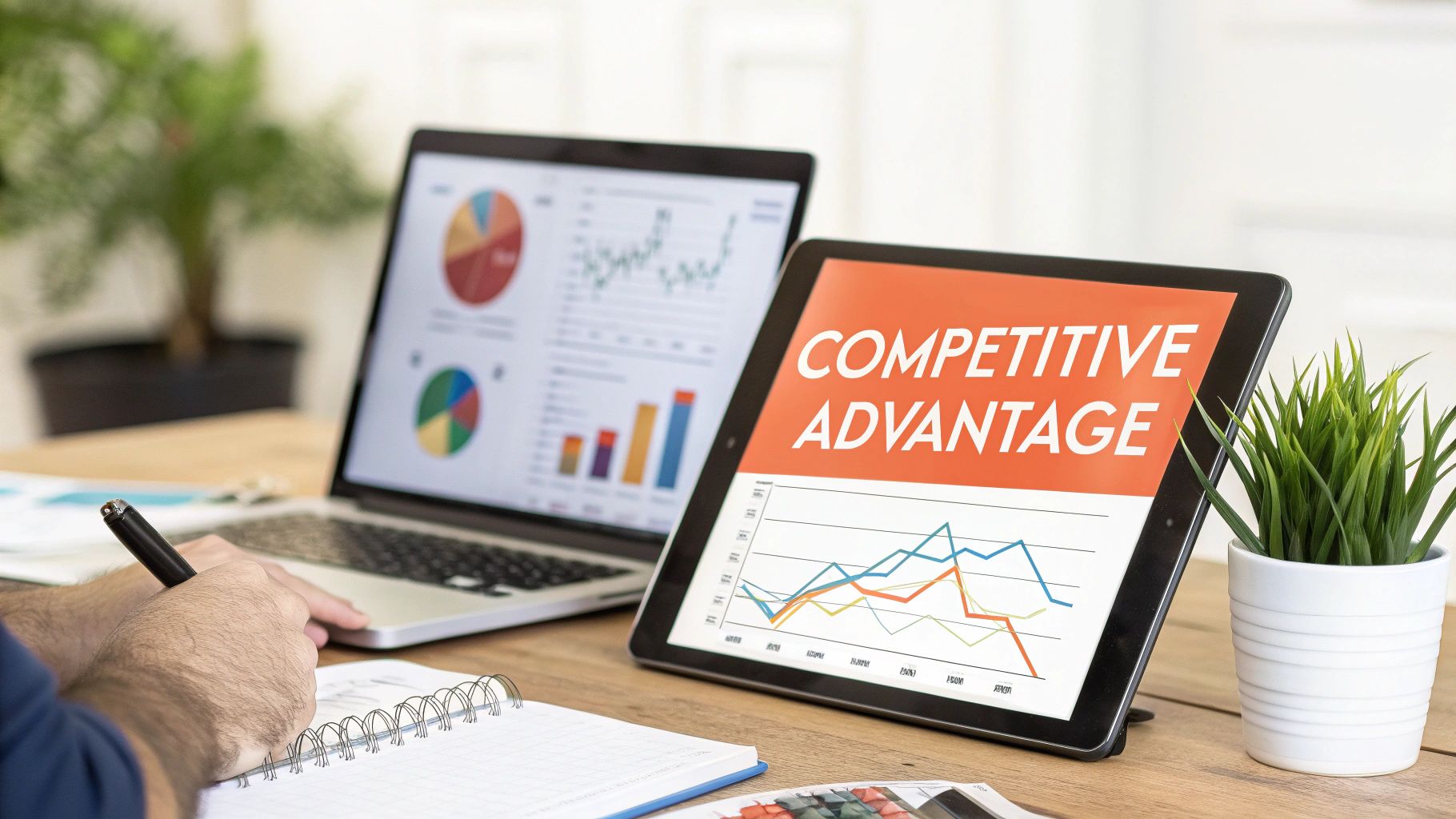 A person writing in a notebook next to a laptop and tablet displaying business analytics and 'Competitive Advantage' title.